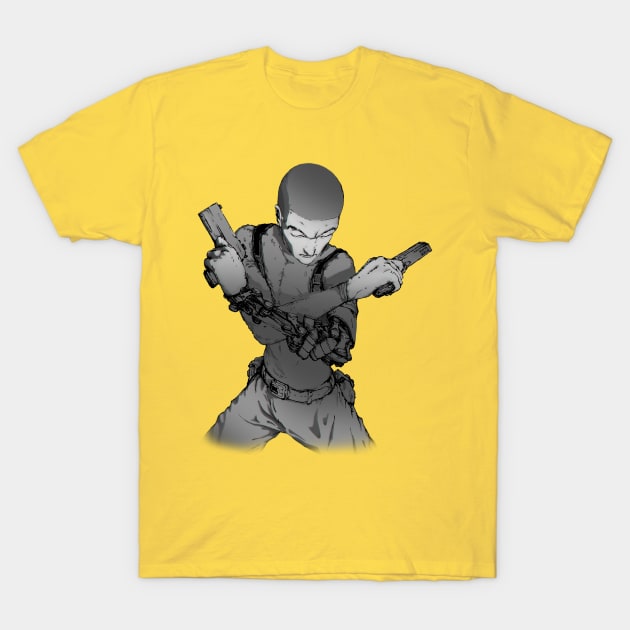 Cyberpunk detective policeman stands in a suggestive pose with two pistols and a hand with gears T-Shirt by Takeshi Kolotov